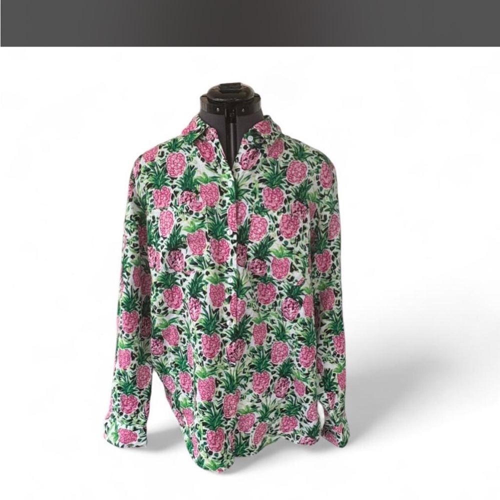 Charter Club Pink and Green Floral Linen Shirt